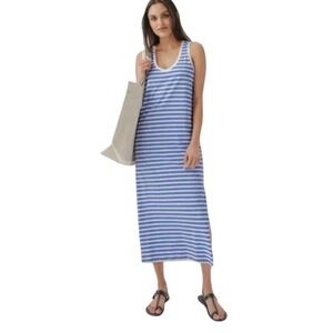 Pact Organic Cotton Striped Maxi Tank Dress Womens L Blue White Preppy Coastal